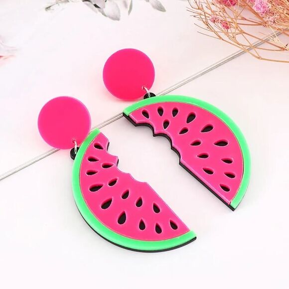 Pink Watermelon Acrylic Earrings Fun & Fruity Statement Jewelry - Picture 1 of 5